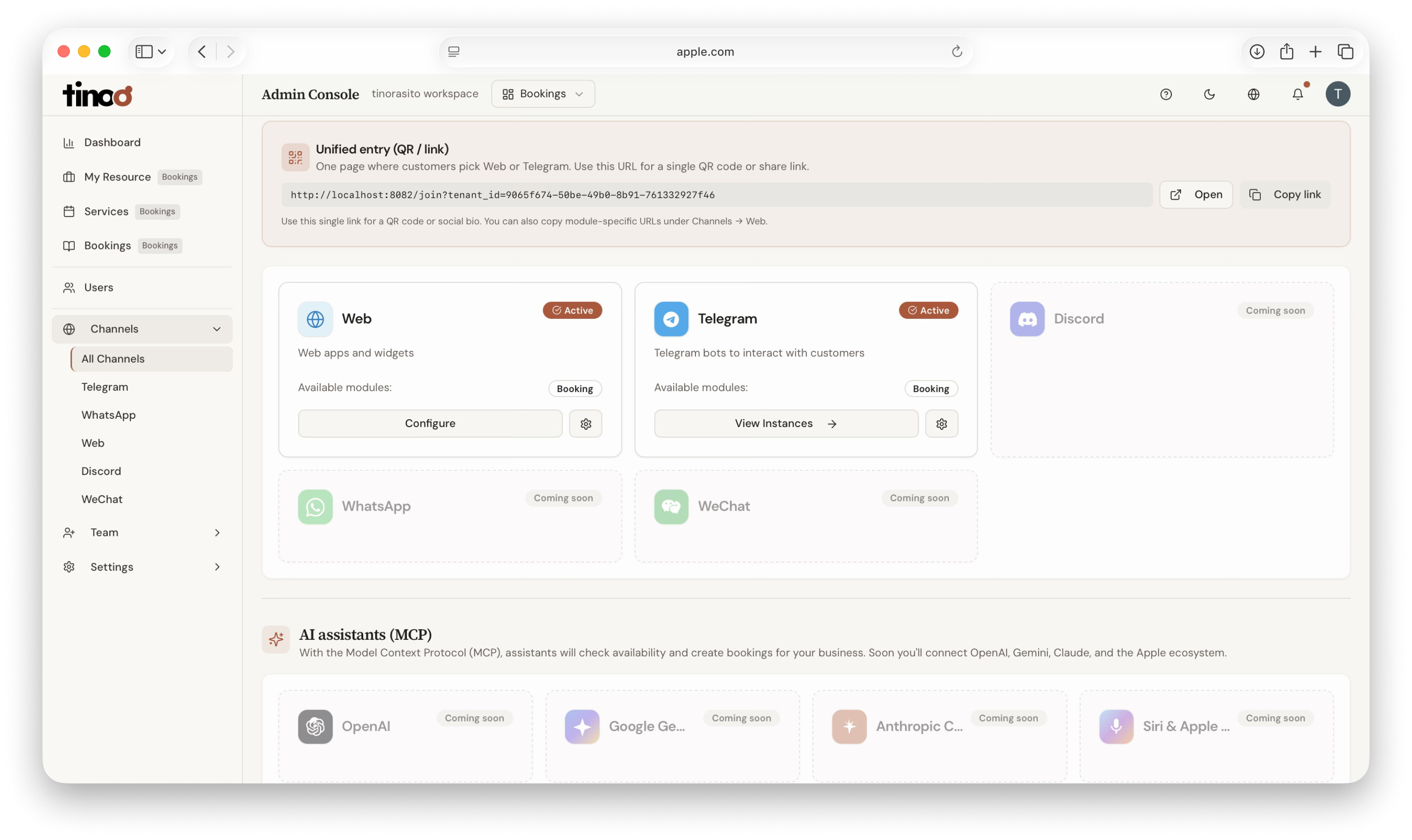 Configuración de canales en Tinoo